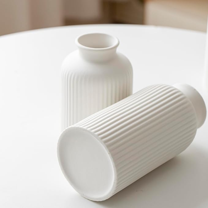 Large Modern Ceramic Vase Set, White Ribbed Matte Design, 3-Piece Decorative Vases for Home, Living Room, Office (XL White)