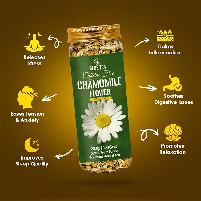 BLUE TEA - Chamomile Tea - 1.05 Oz (50+ Cups) Loose | Get a good Sleep - Relaxation - Stress Relief | Herbal Tea - Caffeine Free - Flower Based - Non-Bitter - Night Time Tea | Reusable Pet Jar