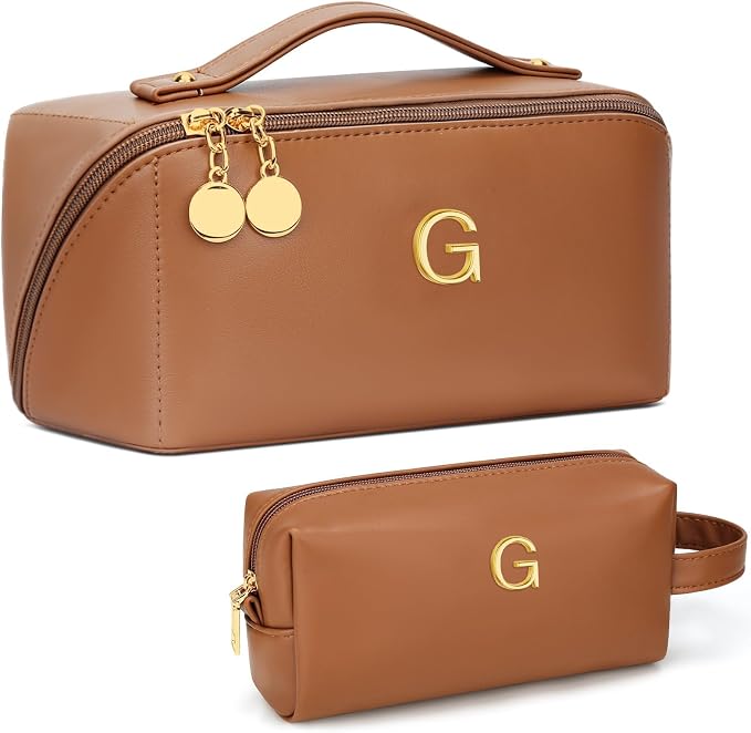 KKXIU Initial Makeup Bag for Women - Personalized Makeup Bag Gifts for Women, Travel Toiletry Bag with PU Leather, Open Flat Design with Top Handle, Cosmetic Bag Set with Multi-Pocket (Brown,G)