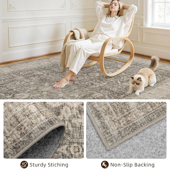 10x12 Area Rug for Living Room: Vintage Boho Neutral Washable Rug Indoor Soft Large Area Rug Carpet for Bedroom Nursery Farmhouse Dining Room Office Floor Non-Slip Low Pile Under Table Rug Warm Taupe