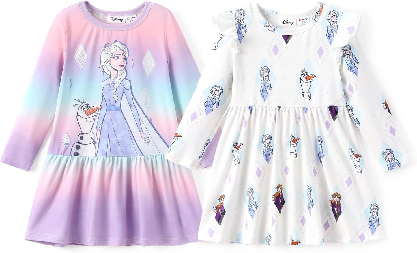 Disney Frozen Elsa Stitch Princess Minnie Mouse Toddler Girl Dresses 2 Pack Ruffle Long Sleeve Dress Set (3 Months - 6 Years)