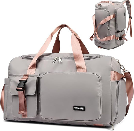 Eslcorri Gym Duffle Bag for Women Men, Sports Backpack with Wet & Shoe Compartment, Fitness Overnight Weekender Bag for Yoga, Swim, Travel (Style B, GrayPink)