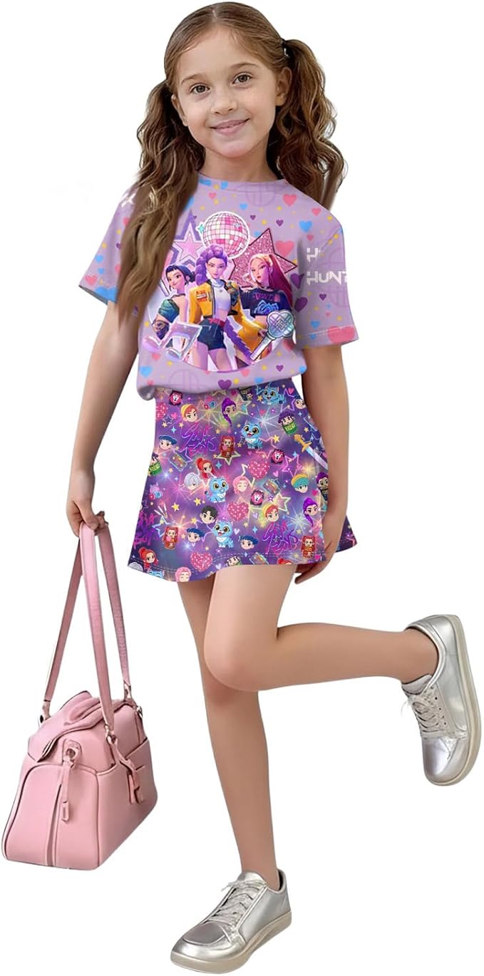 HTHLVMD K Pop Short Sleeve T-Shirt and Skirts Outfits Set for Girls Hunters Rumi Mira Zoey Graphic Tees De-Mon Costume