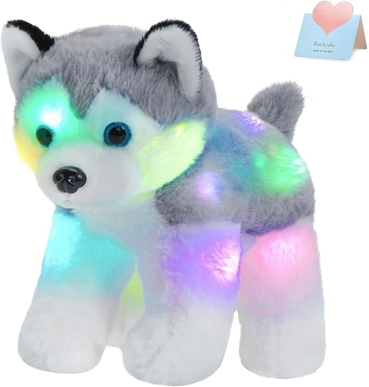 BSTAOFY 12’’ Light up Husky Puppy Stuffed Animal Realistic LED Dog Soft Plush Toy with Night Lights Glow in The Dark Birthday Valentines Christmas for Toddler Kids