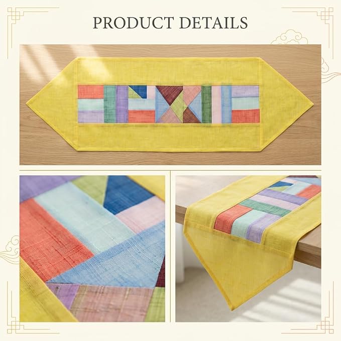Korean Patchwork Table Runner – Traditional Bojagi Pattern, Lightweight Decorative Dining Table & Home Décor Accent for Living Room or Kitchen (Permanent Yellow) | Traditional Korean Textile 79 Inch Runner Natural Ramie Fabric Kitchen Table Decor Home ...