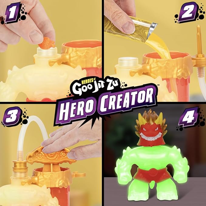 Heroes of Goo Jit Zu Hero Creator with 3 Unique Goo Fillings, Mix, Fill & Create Your Own Stretchy Glow-in-The-Dark Blazagon Action Figure, Play Again and Again
