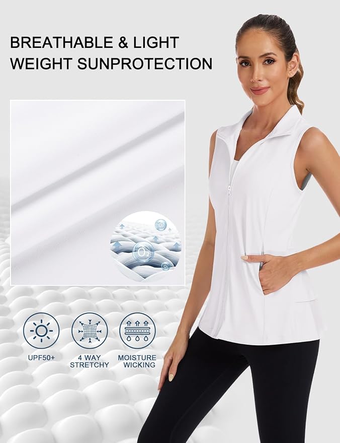 Women's Golf Vest with Pleated Tennis Skirt Hem Lightweight Full Zip Sleeveless Athletic Shirts with Pockets