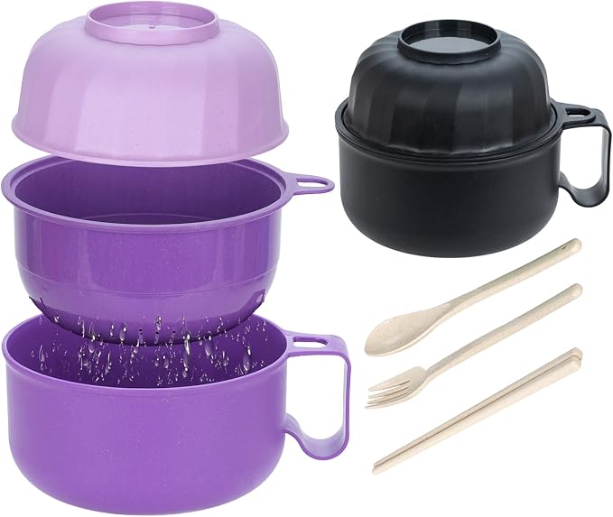 40oz 2 Pack Ramen Bowl, Portable Ramen Cooker, Instant Ramen Noodle Bowls College Dorm Room Apartment Essentials (Black Purple)