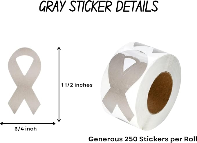 250 Small Gray Ribbon Awareness Stickers - Perfect for Parkinson’s Disease, Brain Cancer, Asthma, Allergy, Diabetes Awareness, Events Decoration and Fundraisers