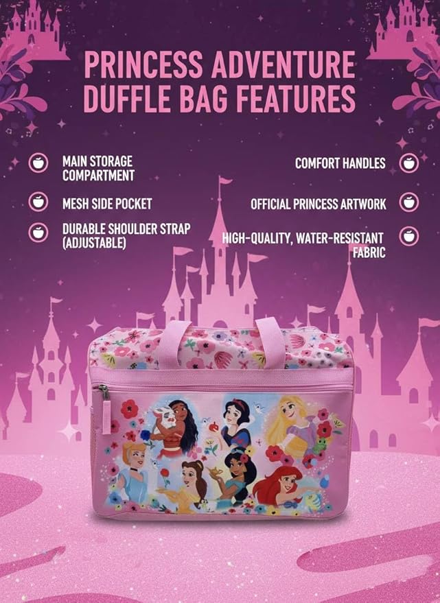 Disney Princess Kids Duffle Bag 16.5" – Travel & Sports Bag with Zipper Pocket, Mesh Side Pockets & Shoulder Strap