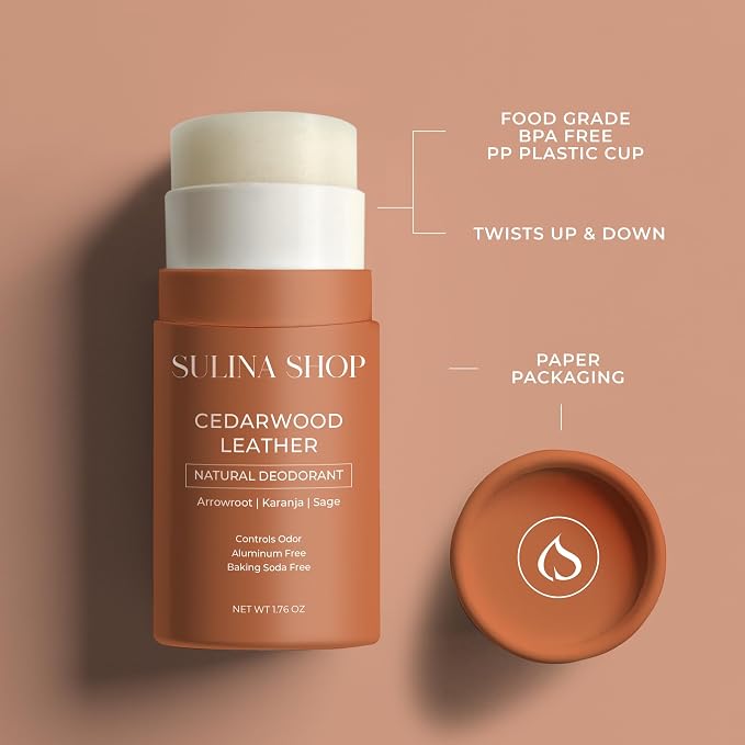 Sulina Shop Natural Deodorant, Aluminum Free, Cedarwood Leather | Warm cedarwood leather scent, Sensitive skin-friendly, Baking soda-free, Plant-based odor protection
