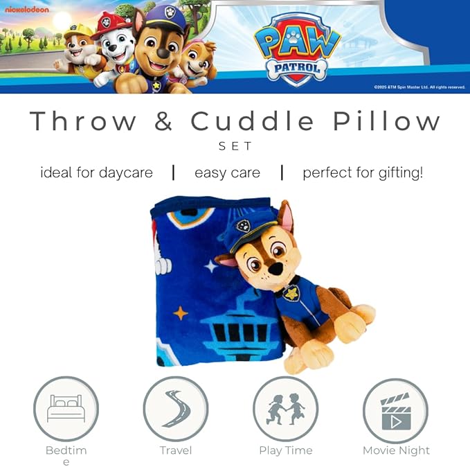 Paw Patrol Chase Kids Bedding Super Soft Plush Cuddle Pillow and Throw 2 Piece Set, 40 in x 50 in (Officially Licensed Product) by Franco
