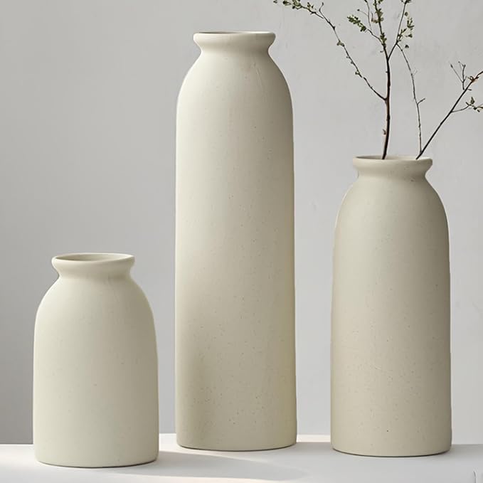 10.4 inches Tall Decorative Ceramic Vase Set, 3 Pieces, 10 inches Nordic Modern Style, White, Farmhouse Home Boho Shelf Decor(Beige L)