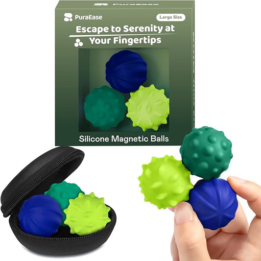 Magnetic Sensory Fidget Balls – 3PC Large Weighted Textured Silicone Stress Relief Toys for Adults & Teens with ADHD, Autism, Anxiety – Quiet Fidget Magnets for Desk, Travel, Office & Gifting