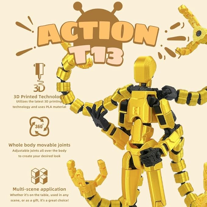 T13 Action Figure, Assembly Completed Dummy 13 Action Figures,T 13 3D Printed Toys - The Premium Action Figures for Sci-Fi Enthusiasts,Four Claws Robot (Gold, 7.2 Inch)