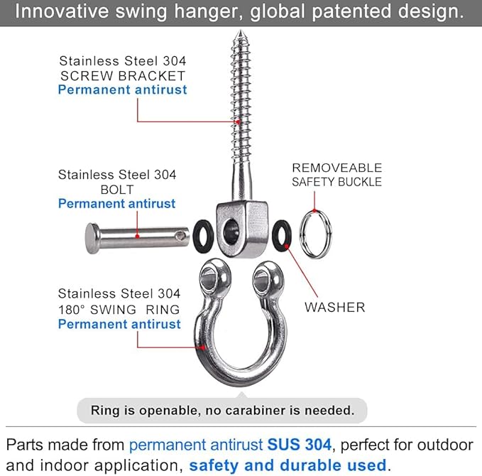 SELEWARE Heavy Duty 180° Swing Hangers, Stainless Steel Eye Screw Bracket, 1800 LB Capacity Playground Yoga Hammock Rope Tire Web Chair Sandbag Punching Bag Porch Swing Sets (4 Pack)
