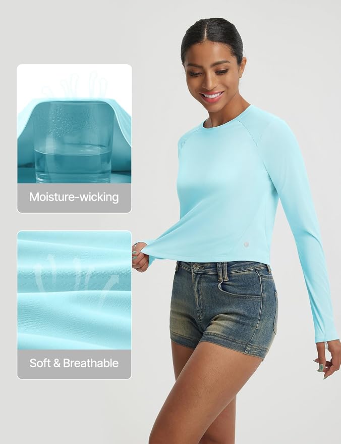 baleaf Women's UPF 50+ Long Sleeve Sun Shirts Crop Rash Guard UV Workout Tops SPF Slim Fit Lightweight Athletic Hiking