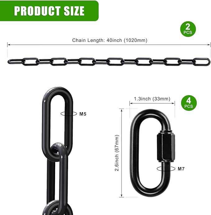 SELEWARE 2 Pack 40 Inch Hanging Swing Chain with 4 Carabiners, 1000LB Capacity Plastic Coated Hanging Chains, Hammock Hardware Kit for Swing, Hanging Chair, Punching Bags, Indoor Outdoor Gym (Black)