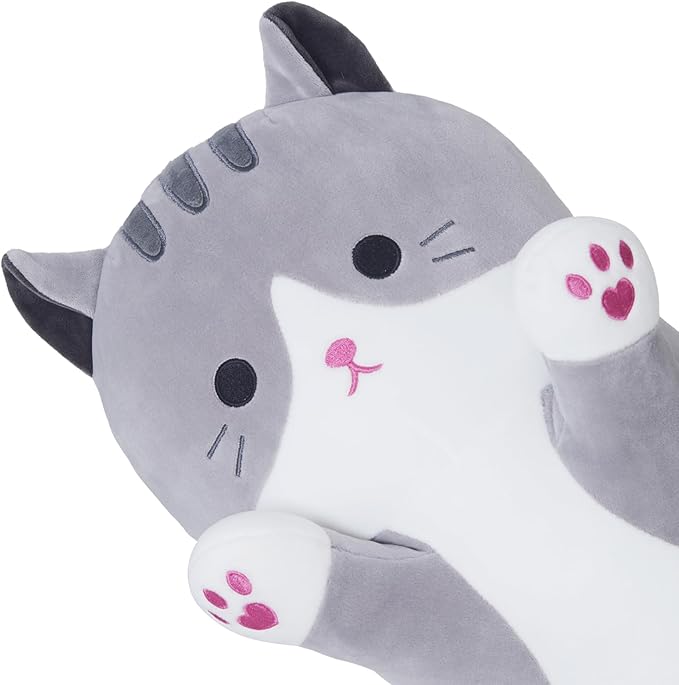 Soft Cat Plush Pillow, Grey Long Cat Stuffed Animals Soft Long Kitten Plushies Kawaii Cat Stuffed Plush Toy for Kids Girlfriend(50cm/19.6inch)