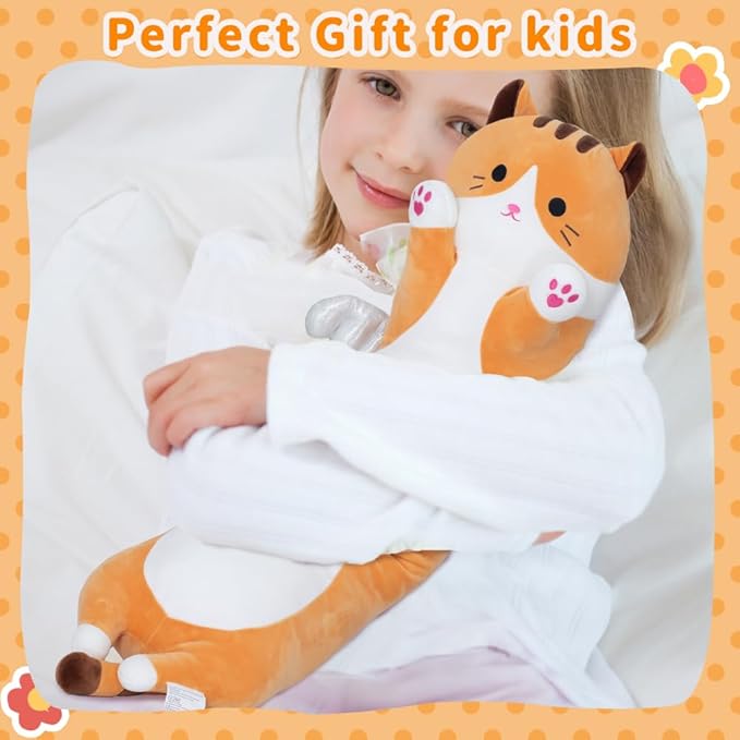Cute Cat Plush Pillow, Yellow Long Cat Stuffed Animals Soft Long Kitten Plushies Kawaii Cat Stuffed Plush Toy for Kids Girlfriend(110cm/43.3inch)