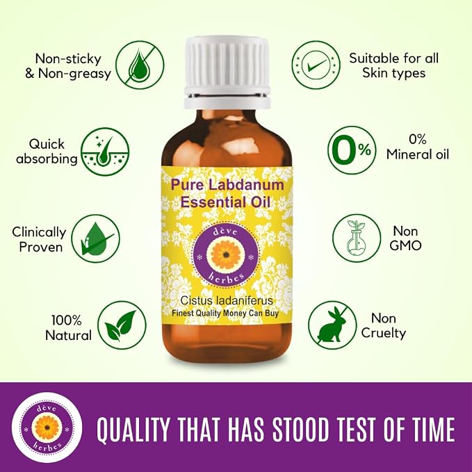 dève herbes Labdanum Essential Oil (Cistus ladaniferus) Pure | Viscous Texture | Rich Aroma | Unisex | All Skin Types | for External Use Only | Natural Extract | Steam Distilled 10ml (0.33 oz)