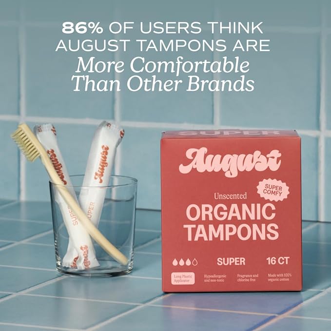 August Organic Cotton Tampons - Easy-Glide Long Applicators - 96 Super Tampons Made with Organic Cotton, Non-Toxic, Fragrance-Free, Chlorine-Free, and Hypoallergenic (6 Boxes of 16/12 Boxes of 8)
