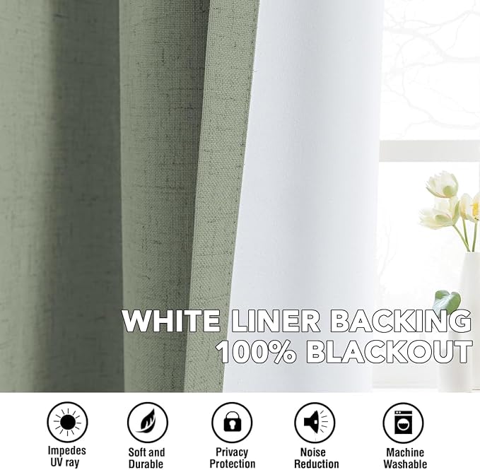 H.VERSAILTEX Linen Curtains 100% Blackout Curtains for Bedroom 45 inch Long Full Light Blocking Nature Linen Blended Window Curtains for Living Room Nickel Grommet (2 Panels, Heathered Dried Sage)