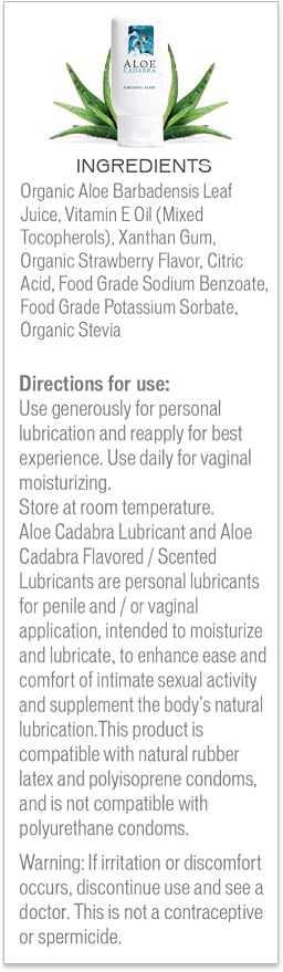 Aloe Cadabra Flavored Personal Lubricant & Vaginal Moisturizer, NSF Certified Organic Edible Aloe Lube for Men, Women & Couples, Non-Staining, pH Balanced, Toy Compatible (Strawberry, 2.5oz, 2 Pack)