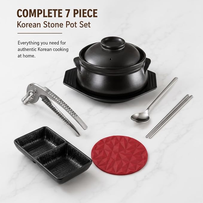 7 Pcs Korean Stone Pot Set with Lid & Tray, Black Ceramic Dolsot for Bibimbap Ramen Soup, Includes 304 Stainless Steel Spoon, Chopsticks, Heat Resistant Tongs, Silicone Trivet & Condiment Dish