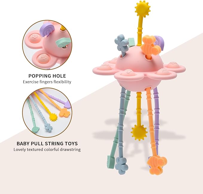 Montessori Sensory Toys for Babies,Silicone Teething Toys Pull String Baby Toy 18 Months (Pink)