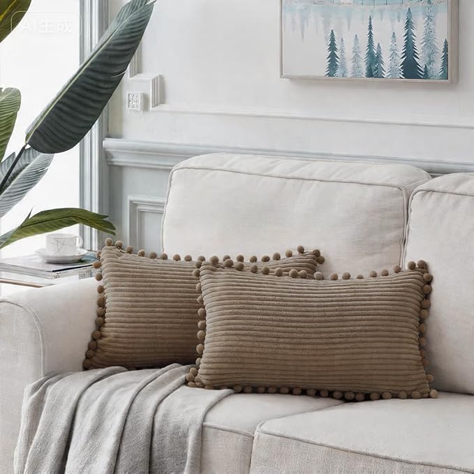 Fancy Homi Set of 2 Light Brown Lumbar Decorative Throw Pillow Covers 12x24 Inch with Pom-poms for Couch Bedroom Sofa, Farmhouse Boho Home Decor, Soft Corduroy Solid Cushion Case 30x60 cm