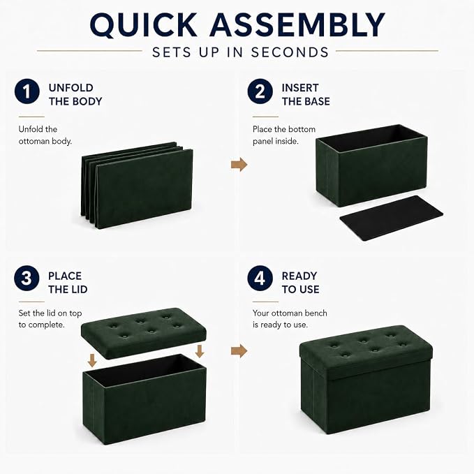 ALASDO 30 Inch Folding Storage Ottoman Bench with Hidden Storage, Velvet Storage Ottoman Foot Rest Stool, End of Bed Bench for Bedroom, Living Room, Entryway and Closet, Dark Green