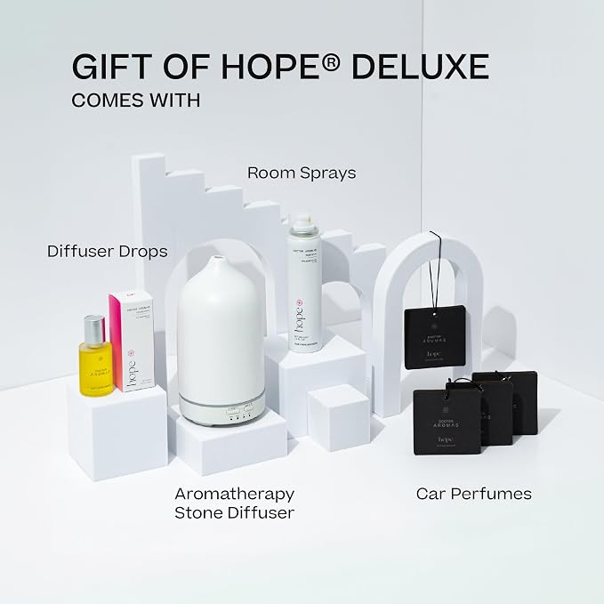 Doctor Aromas Gift of Hope Bundle: Stone Diffuser +Diffuser Drops (1oz)+ Room Spray + 4X Car Perfume – Elegant Odor Eliminator and Air Freshener Scent Aromatherapy Gift