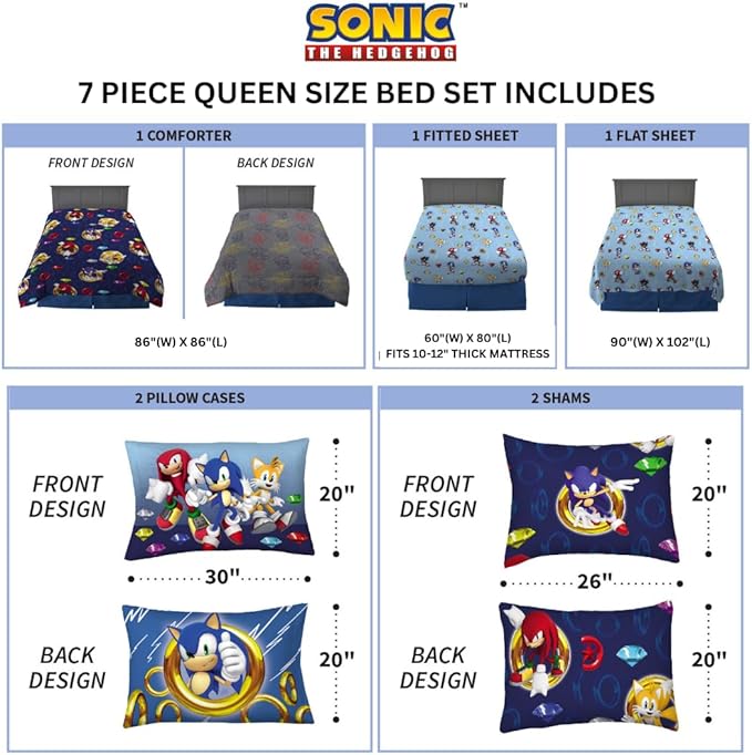 Franco Sonic The Hedgehog Anime Kids Bedding Super Soft Comforter and Sheet Set with Sham, 7 Piece Queen Size, (Official Licensed Product)