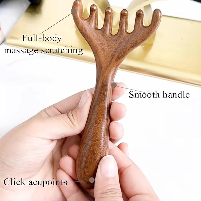 OULIGET Natural Wooden Gua Sha Tool,Wooden Gua Sha Scraping Massage Tool,Long Handle Sandalwood Six Claw Antler Massager,1 Pieces