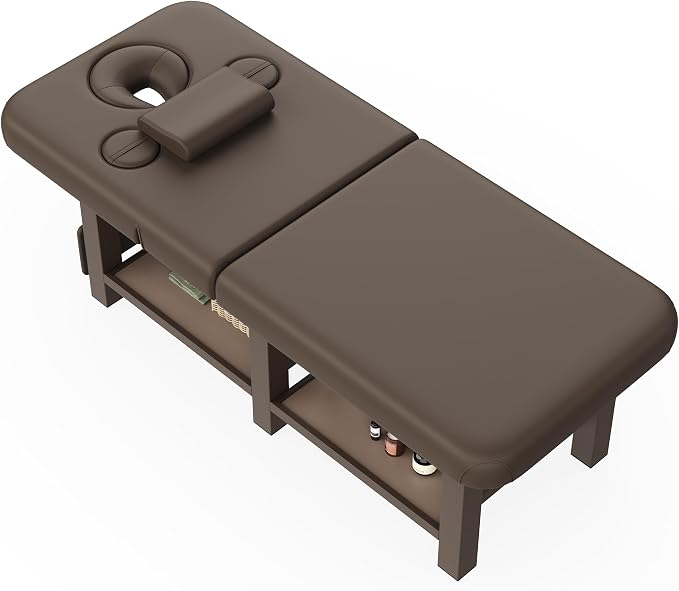 Extra Large 34''×80'' Folding Stationary Massage Table with Adjustable Backrest, Heavy-Duty Metal Frame PU Leather Treatment Bed for Spa, Physical Therapy, Tattoo, Facial & Medical Exam - Brown