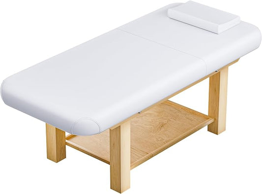 Heavy Duty Frame Professional Massage Table with Adjustable Backrest & Height Legs & Face Pillow, PU Leather, for Treatment, Physical Therapy, Spa Facial Professional Massage (Wood, White)