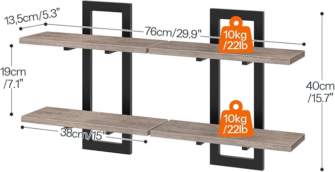 HOOBRO Floating Shelves, 15 Inch Wall Shelf Set of 2, Wall Mounted Storage Shelves 2-Tier, Hanging Bathroom Shelves, for Living Room, Bedroom, Bathroom, Kitchen, Greige BG32BJ01