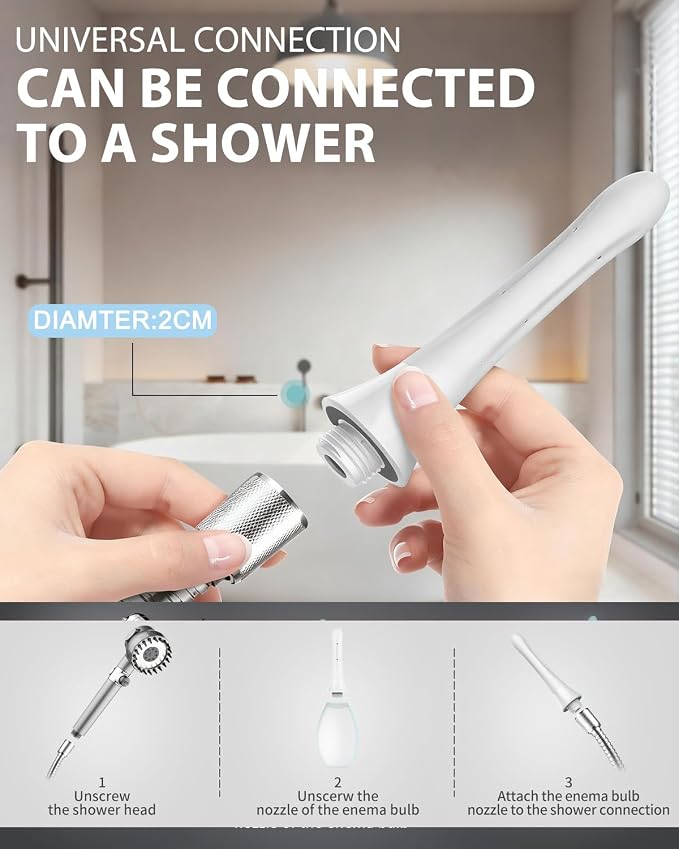 Enema Douche Anti Back-Flow, Anal Douche Connected to Shower Hole,Enema Bulb with 7 Spouts, Reusable Portable Enema Vaginal Cleaner kit for Men Women (White)