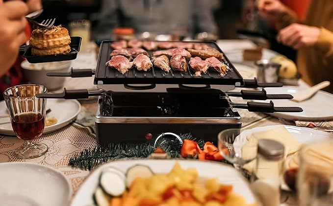 Raclette Table Grill, Techwood Electric Indoor Grill Korean BBQ Grill, Removable 2-in-1 Non-Stick Grill Plate, 1500W Fast Heating with 8 Cheese Melt Pans, Ideal for Parties and Family Fun (Black)