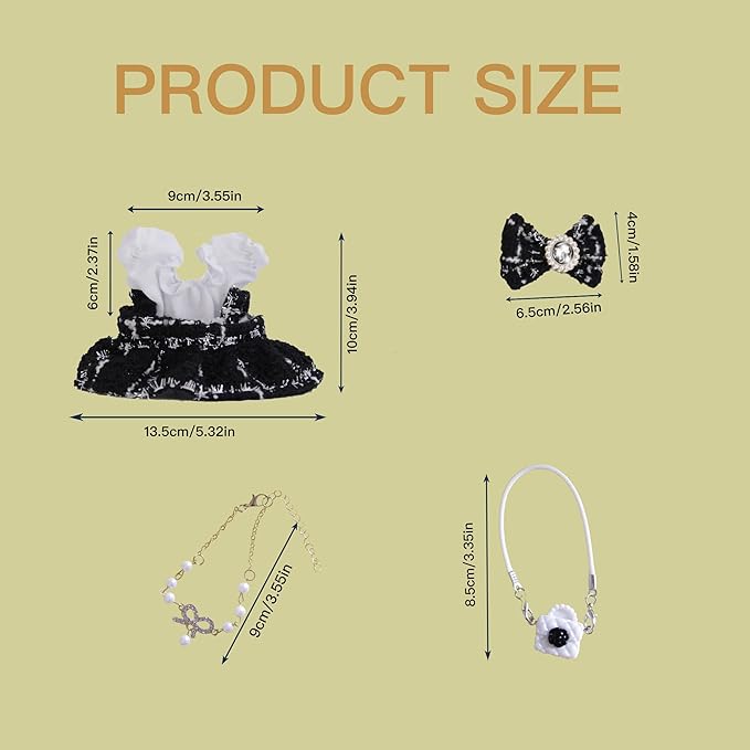 17cm Doll Clothes Set and Accessories Suit,(NO Doll) 5-Piece Set, Clothes for labubu, Festival Gift, Includes Dress, White Clothes，Matching Hair Bow, Necklace, Bags(Black)