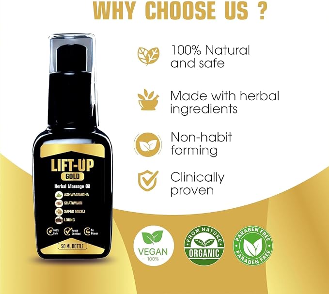 Lift UP Gold Lift Up Massage Oil for Men Enhancer Ayurvedic Massage Oil for Men 50 Ml Performance Oil restores Energy & Hardens The Relaxing Muscles Ashwagandha, Safed Musli, Shatawar, Loung