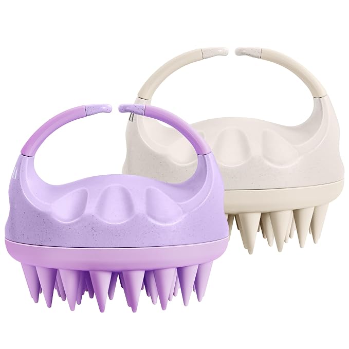 HEETA Scalp Massager Hair Growth Brush with Soft Silicone Bristles, Wheat Straw Handle, 2 Count (Beige & Purple, Round, All Hair Types)