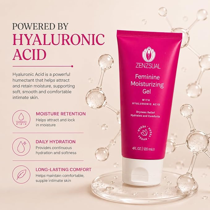 ZENZSUAL Feminine Moisturizing Gel - with Hyaluronic Acid, Water Based Vaginal Moisturizer for Dryness, Irritation, Itchiness, or Discomfort, Fragrance-Free, 100% Vegan, No Parabens, 4oz (120ml)