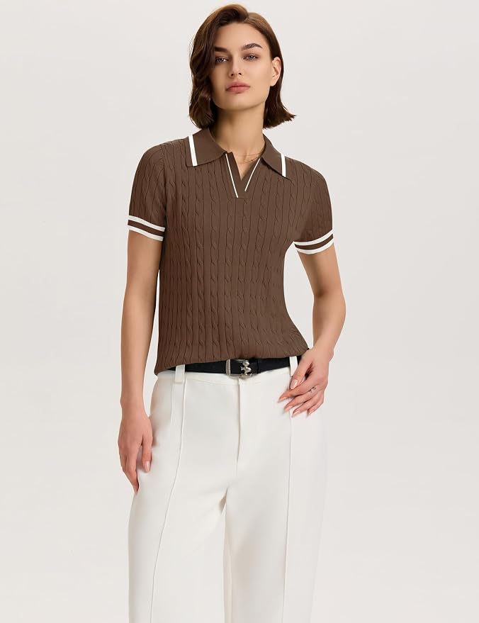 Micoson Womens Short Sleeve Sweater Tops Lapel V Neck Polo Shirts 2026 | Summer Cable Knit Loose Blouses, Business Casual Outfits