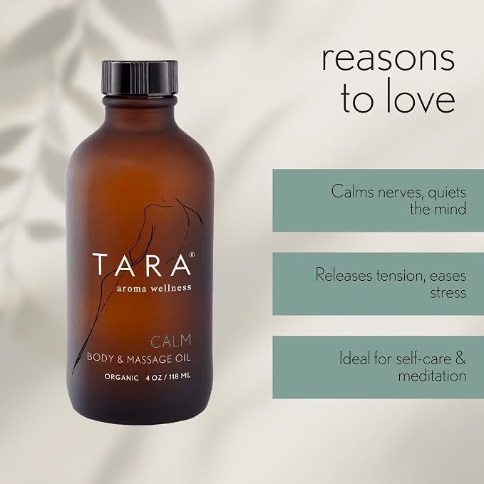 TARA Spa Therapy Calm Body & Massage Oil – Premium Organic Oil for Stress Relief & Relaxation, 100% Pure Essential Oils, Lavender, Mandarin & Chamomile, 4 oz