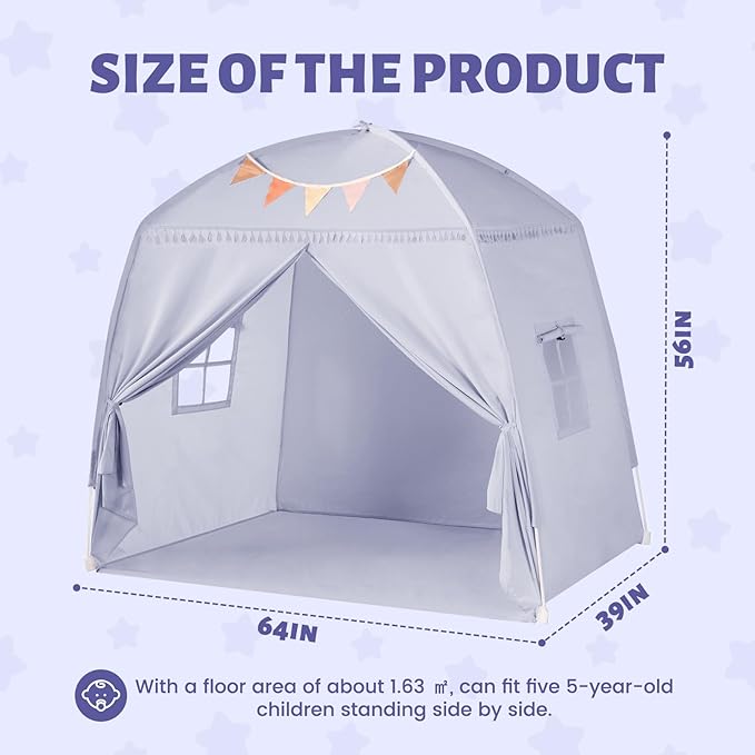 Sumbababy Large Teepee Tent for Kids: with Star Lights - Tent Indoor Kids Teepee Tent for Boys & Girls - Kids Play Tent Inside Canopy Bed for Playroom Gift Toys (Gray)