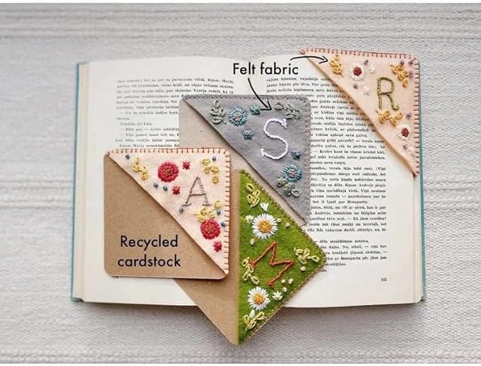 MOTEERLLU Personalized Hand Embroidered Corner Bookmark,Felt Triangle Page Stitched Handmade Bookmark,Unique Cute Flower Letter Embroidery Bookmarks Accessories for Book Lovers(Fall-z)
