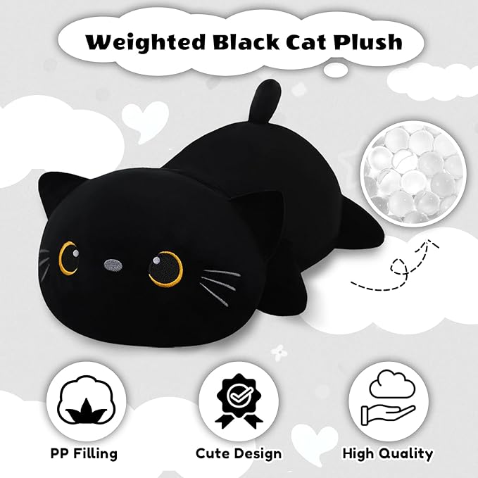 Weighted Black Cat Stuffed Animals, Cute Weighted Black Cat Plush, Soft Stuffed Weighted Plushie Pillow Gifts for Girls Boys(23.6" 3.1Lbs)
