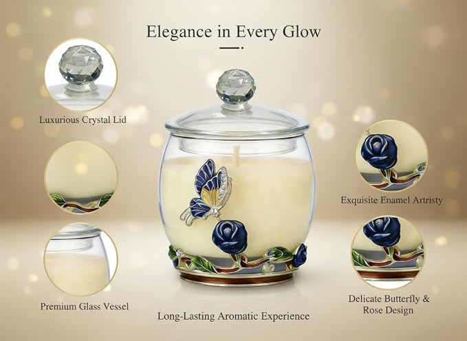 Scented Candles Gifts for Women - Enamel Butterfly & Blue Rose Decorative Glass Jar with Faceted Crystal Lid, Special Candle for Friend Mom Sister Friend, Unique Birthday Mother's Day Christmas Gift
